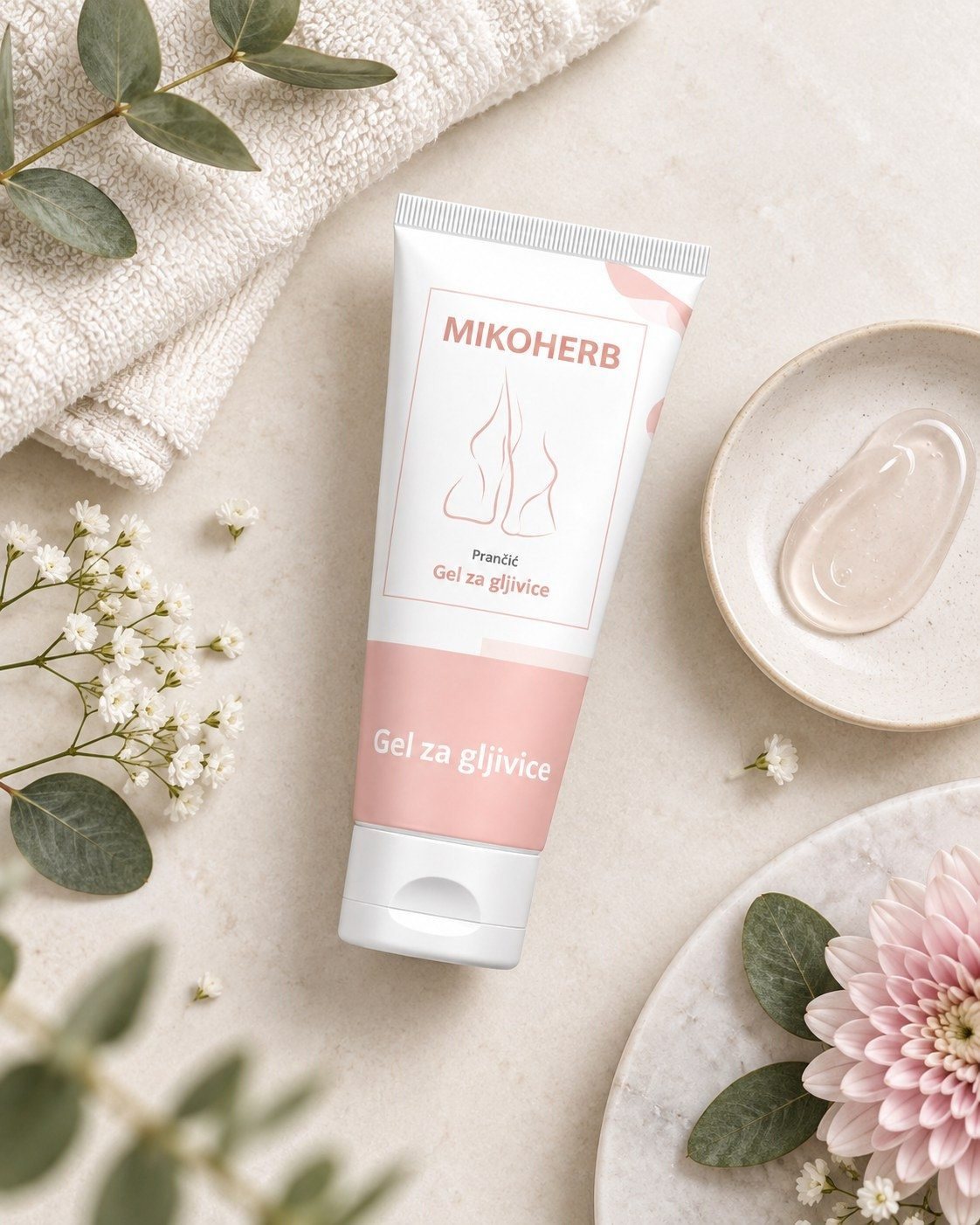 MIKOHERB GEL product flat lay with flowers